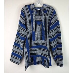 Artesanias F.R. Inc. Baja Hoodie Mens XL Blue Striped Mexican Drug Rug Pullover